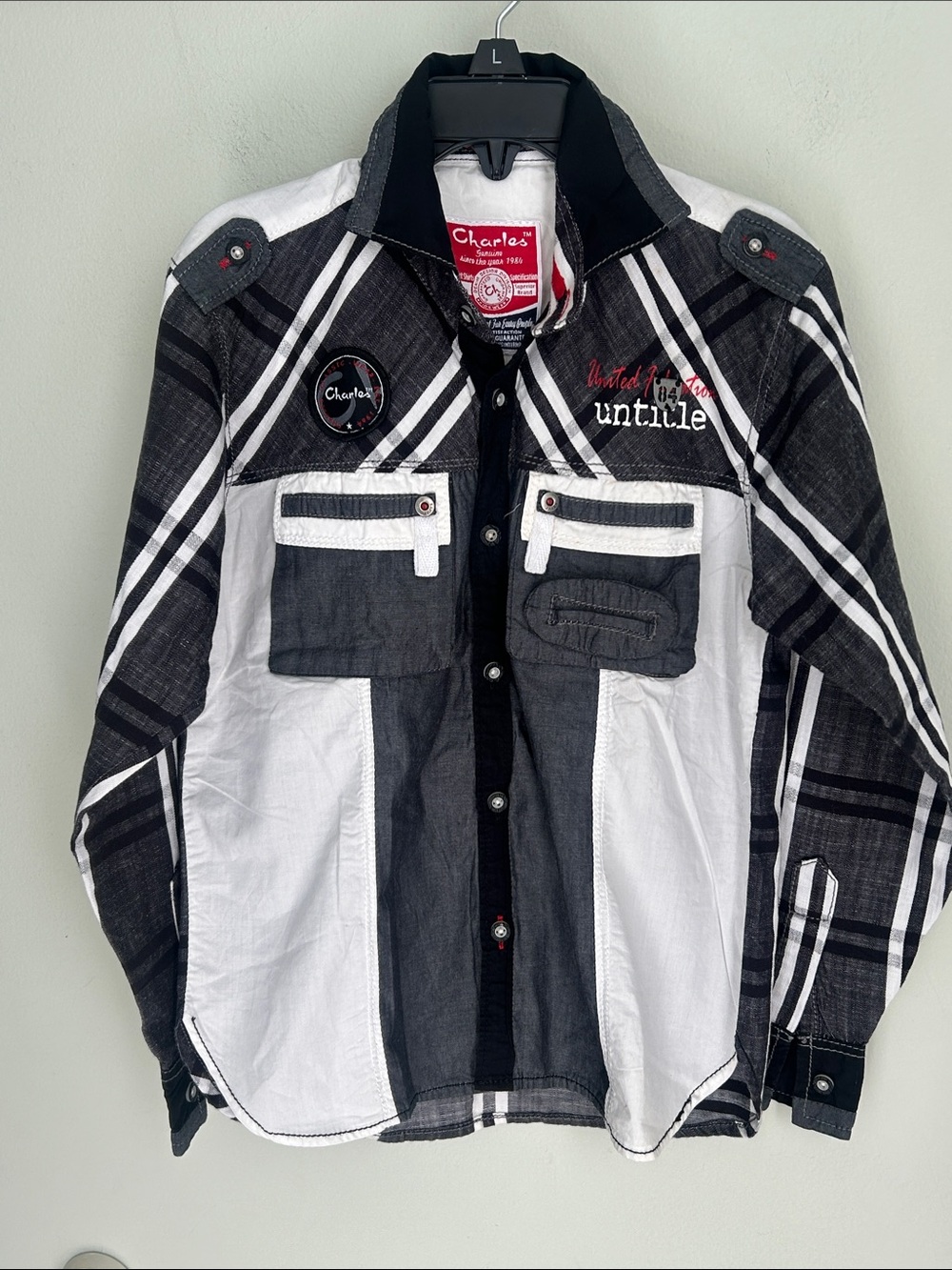 Charlies Black & White Plaid Button Shirt with Red Accent